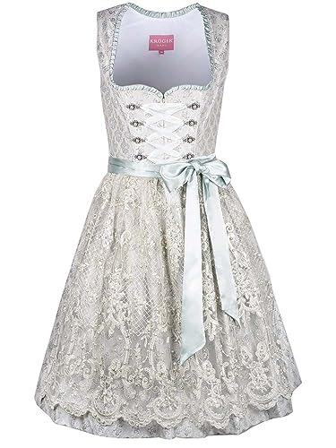 Krüger Dirndl Kalinda Damen hellgrün Salbei | Jacquard mit Spitzenschürze und Herzausschnitt | 60cm Länge Gr 32 von Krüger