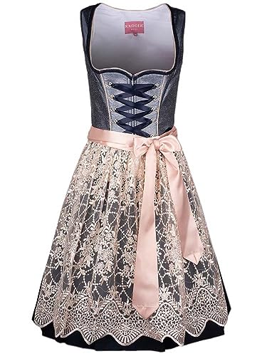Krüger Dirndl Koko Damen | Herzausschnitt Spitzenschürze |Marine blau rosa | 60cm Rocklänge Gr 38 von Krüger