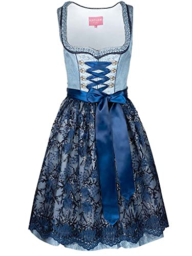 Krüger Dirndl LIDA Damen blau | Jacquard Spitze Pailletten | Knielang 60cm Länge Gr 38 von Krüger