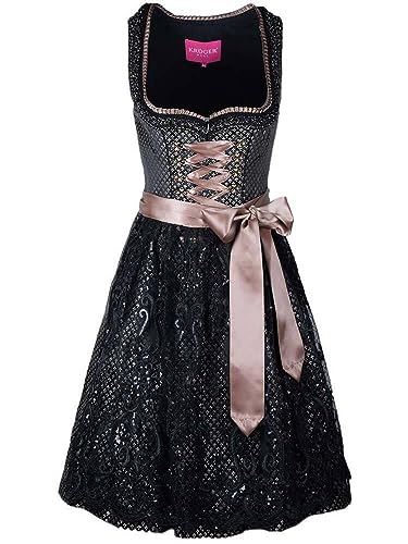 Krüger Dirndl Taina Damen schwarz Gold | 60cm Knielang edel | Jacquard Spitze Gr 32 von Krüger