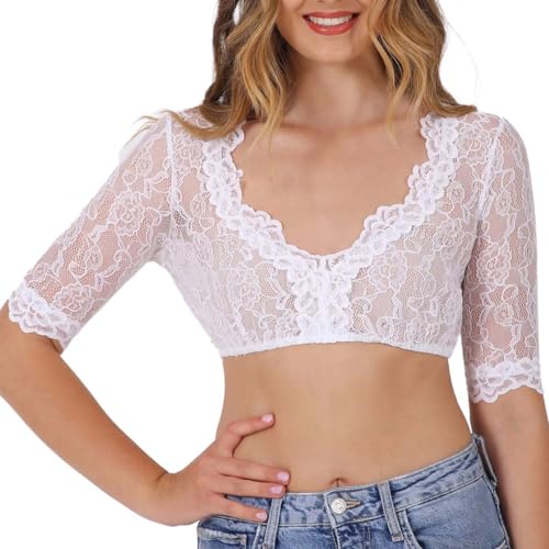 Krüger Dirndlbluse Damen aus Spitze | Elastische Dirndl-Bluse mit V-Ausschnitt | Spitzendirndlbluse halbarm weiß 44 von Krüger