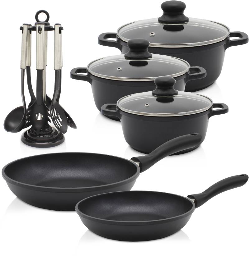 Krüger Topf-Set "Aluguss Topf-/ Pfannenset LEIPZIG inkl. Küchenhelfern, 15 tlg." Set, Fleischtopf 16+20+24 cm, Pfanne flach 20+28 cm, 7 tlg. Küchenhelferset, 15 Stk. tlg. Aluminiumguss von Krüger