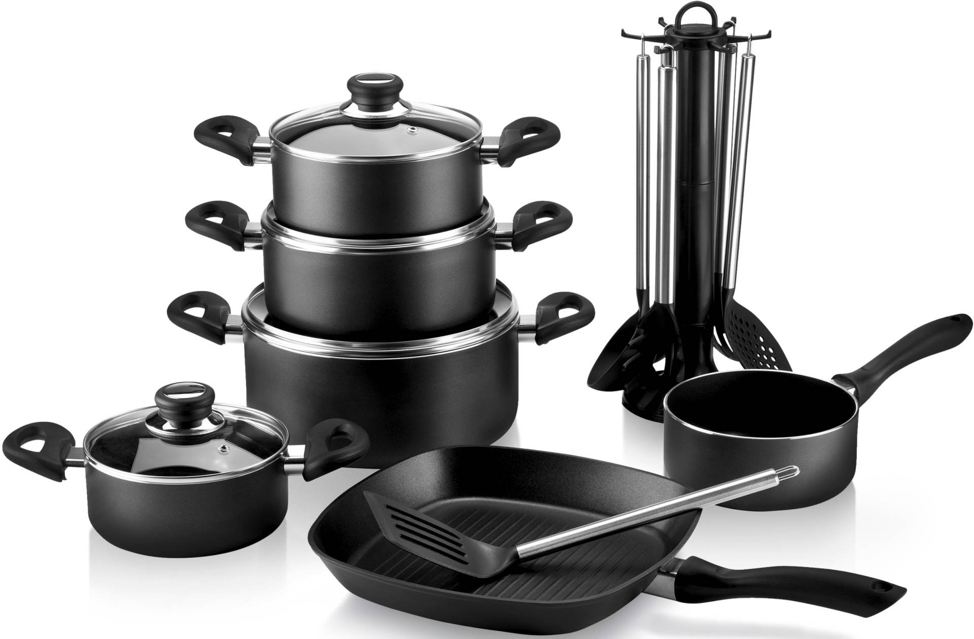 Krüger Topf-Set, Aluminiumguss, (Set, 17 tlg., Fleischtopf 16/18/20/24 cm, Stieltopf 16 cm, Steakpfanne) von Krüger