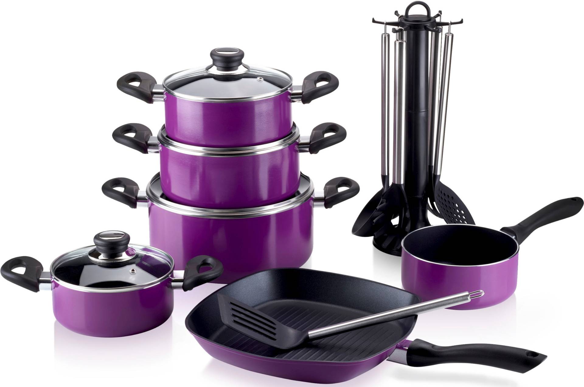 Krüger Topf-Set "Aluguss Topf- und Pfannenset inkl. praktischen Küchenhelfern, 17 tlg." Set, Fleischtopf 16/18/20/24cm, Stieltopf 16cm Steakpfanne 7 T.Küchenhelfer, 17 Stk. tlg. Aluminiumguss von Krüger