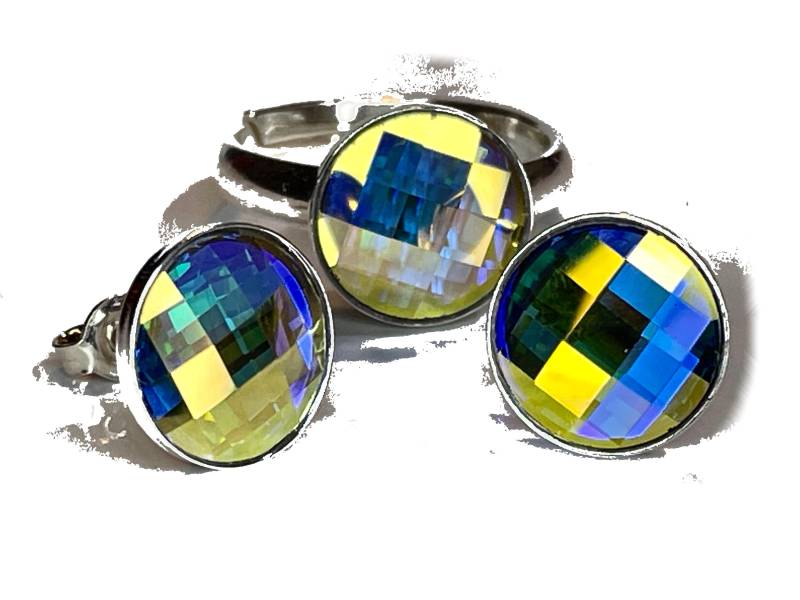 Silber Swarovski Kristall Mit 925 Sterling Fingerring Ohrstecker Ohrringe Ohrhänger Chessboard Circle Aurore Boreale von KruemelsAtelier