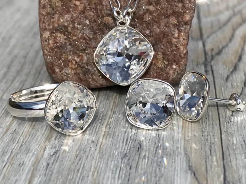 Silber Swarovski Kristall Verziert Mit Ohrstecker Ohrringe Fingerring Ring Armband Halskette Crystal 925 Sterling von KruemelsAtelier