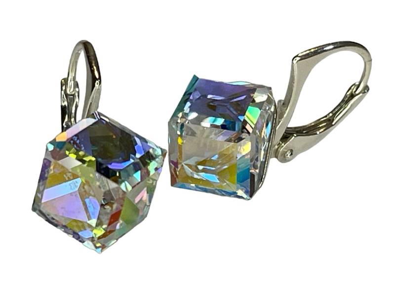 Silber Swarovski Kristall Würfel Cube Verziert Mit Ohrhänger 925 Sterling Crystal Aurore Boreale von KruemelsAtelier