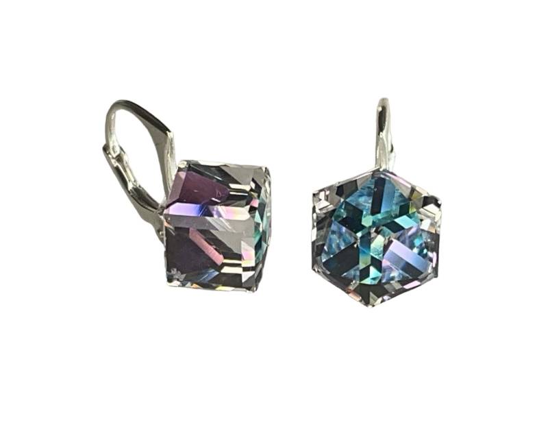 Silber Swarovski Kristall Würfel Cube Verziert Mit Ohrhänger Ohrstecker Ohrringe 925 Sterling Vitrail Light von KruemelsAtelier