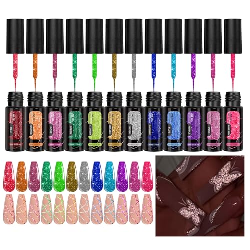 Krujecnt Glitzer Gel Nagellack | 12 Farben Gel Nagellack in verschiedenen Nuancen | Reflektierendes Maniküre Set Für Damen Salon Zuhause Party Sommerurlaub von Krujecnt