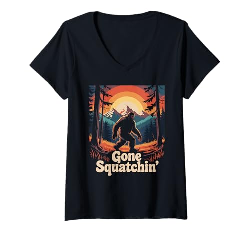Damen Gone Squatchin Sasquatch Wald Berge Sonnenuntergang Bigfoot T-Shirt mit V-Ausschnitt Damen Gone Squatchin Sasquatch Wald Berge Sonnenuntergang Bigfoot T-Shirt mit V-Ausschnitt von Kryptozoologie Mythos Outdoor Gone Squatchin
