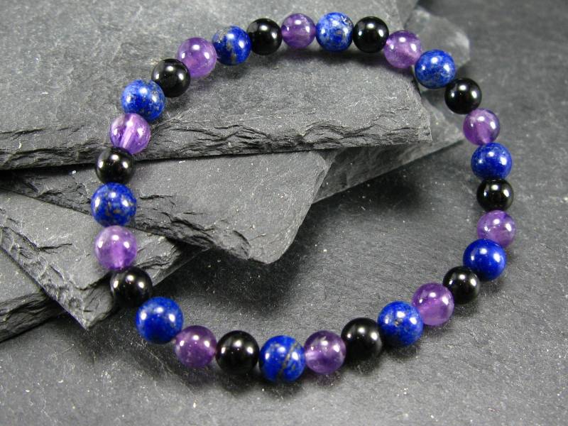 Lapis Lazuli, Schwarzer Onyx & Amethyst Echtes Armband ~ 7 Zoll 6 Mm Runde Perlen von KrystalBracelet