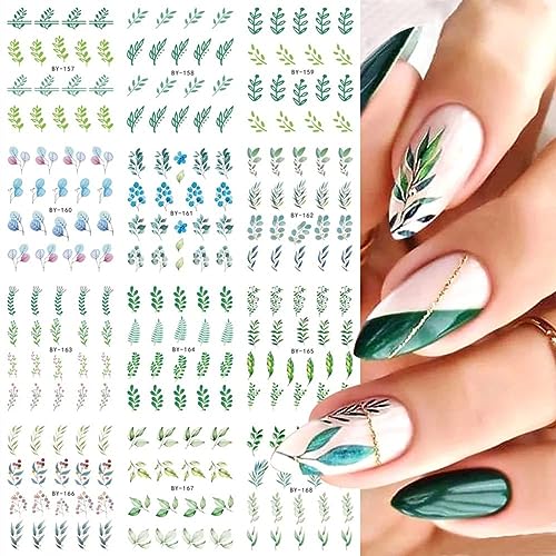 Kryzalite® 12 Blatt Grüne Blatt-Nagelaufkleber, Taugliche Nail Art Aufkleber für Frauen, Grünen Blatt Aufklebern, Wassertransfer Designs, für Nagelkunst-DIY, Nagelstudio von Kryzalite