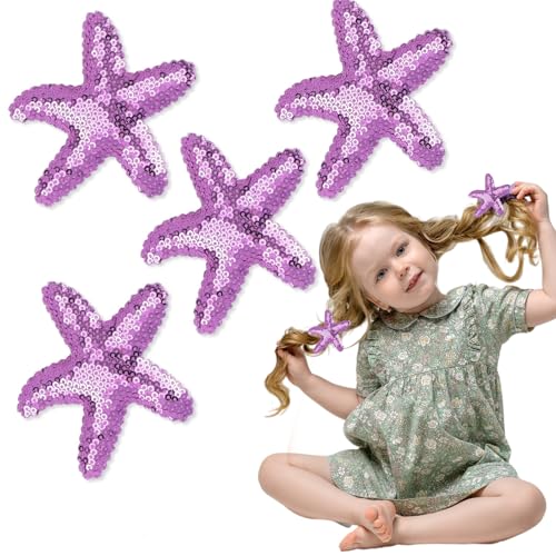 Kryzalite® 4 Stück Seestern-Haarspangen, Pailletten-Haarnadeln, Seestern-Haarspangen, Glitzer-Haar-Krokodilklemmen für Frauen und Mädchen, lila Haar-Accessoires von Kryzalite