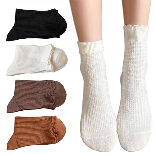 Kryzalite 4 Paar Damen-Söckchen mit niedlichen Rüschen, Rüschen und Umschlagmanschette, gewellte Pointelle-Socken, lässige Crew-Socken von Kryzalite