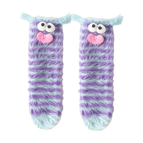 Kryzalite Korallensamt-Cartoon-Monster-lustige Socken für Frauen und Mädchen, 3D-Neuheits-Gesichtssocken, Bodensocken, dicke Socken für den Winter, warm (lila Streifen) von Kryzalite