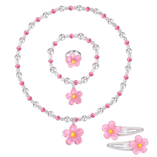 Kryzalite Mädchen-Blumen-Schmuckset, 5-teiliges Rosa Tasche-Set mit Perlenkette, Armband, Ring und Haarspangen, Kleiner Prinzessinnenschmuck (rosa) von Kryzalite