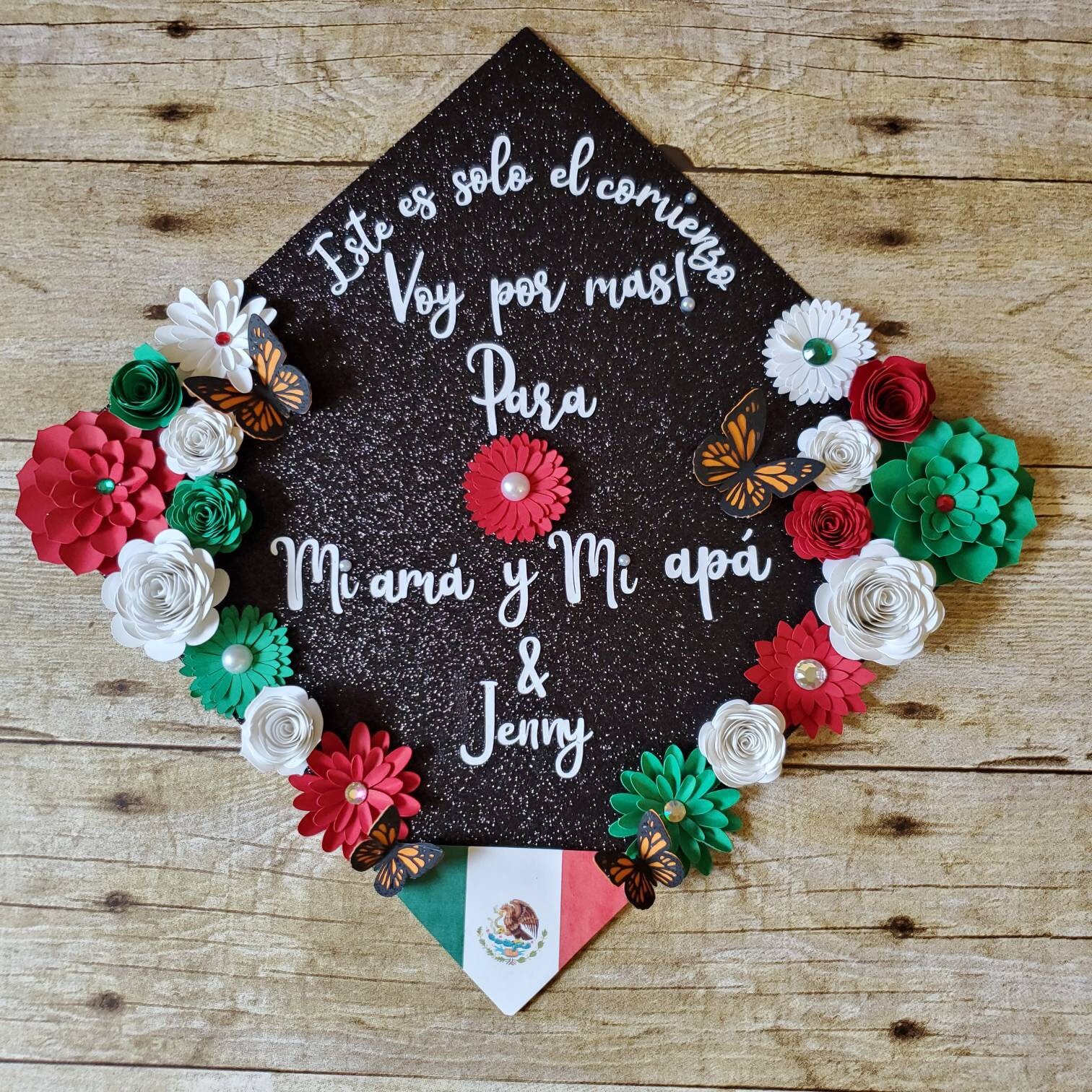 Abschlusskappen-Topper/Blumen-Abschlusskappe Glitzer-Abschlusskappe Anpassbar Mexikanisch Inspirierte Kappe von KsKraftyCorner