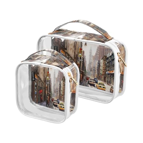 2er Set Transparente Reise Toilet Taschen für Make-up und Ölgemälde New York für Frauen, Männer und Mädchen, Aquarell Kosmetik Aufbewahrungstasche für Lieferungen, Mehrfarbig, Kulturbeutel, blau/lila, von Ksajwzf