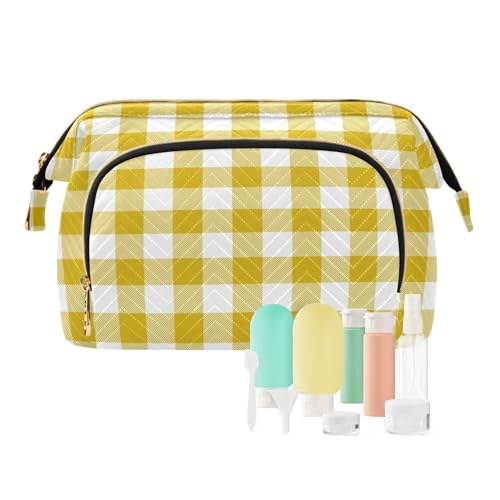 Goldenrod Kosmetiktasche, Karomuster, Make-up-Tasche, Kulturbeutel, Flaschen-Set, gelbe Textur, quadratisch, Reise-Kulturbeutel, Kosmetik-Organizer für Damen, multi, Kosmetikkoffer von Ksajwzf