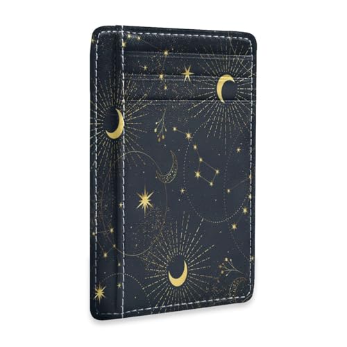 Ksajwzf Dünnes Kreditkartenetui aus Leder und Geldklammer Mystischer Mond Pflanzen Sterne Geldbörse RFID-Blockierung für Damen & Herren Schwarz von Ksajwzf