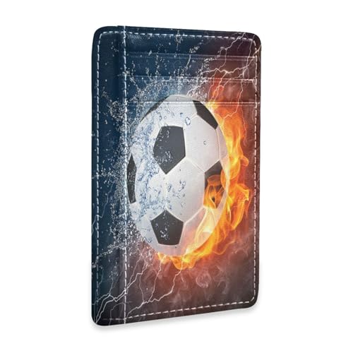 Ksajwzf Dünnes Kreditkartenetui aus Leder und Geldklammer für Fußball in Feuer und Wasser, RFID-blockierend, für Damen und Herren von Ksajwzf