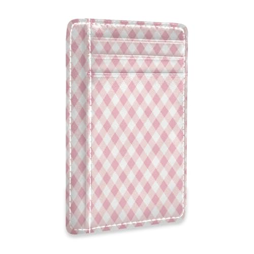 Ksajwzf Dünnes Kreditkartenetui aus Leder und Geldklammer mit rosafarbenem Gingham-Muster, RFID-blockierend, für Damen und Herren, Textur von Ksajwzf