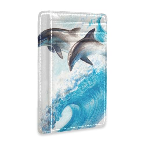 Ksajwzf Dünnes Leder-Kreditkartenetui und Geldklammer, Aquarell-Delfin-Wellen-Geldbörse, RFID-blockierend, für Damen und Herren, Delfin-Tier Ksajwzf Dünnes Leder-Kreditkartenetui und Geldklammer, Aquarell-Delfin-Wellen-Geldbörse, RFID-blockierend, für Damen und Herren, Delfin-Tier von Ksajwzf
