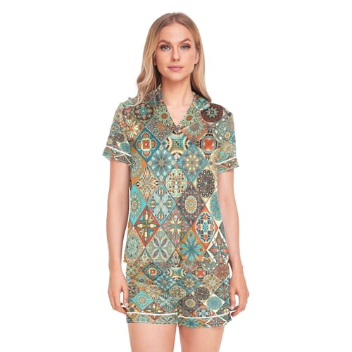 Ksajwzf Ethnisch Blumen Mandala Seidensatin Pyjama-Set für Damen Pyjama-Set Sommer-Shorts Nachtwäsche Pyjama-Set indisch Boho zweiteilig Loungewear mit Knopfleiste von Ksajwzf