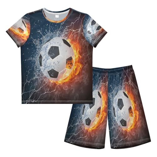 Ksajwzf Kinder Jungen Schlafanzug Set Fußball Ball in Feuer Wasser Shorty Pyjamaset Nachtwäsche Sommer Kurzarm Kurzarm Pyjamas Sets Outfit Fußball von Ksajwzf
