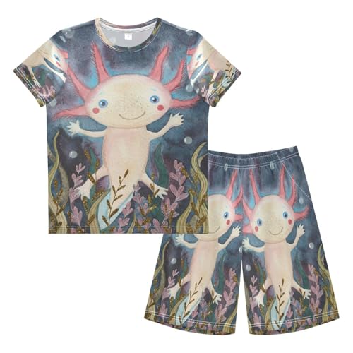 Ksajwzf Kinder Jungen Schlafanzug Set Niedlich Axolotl Meer Aquarell Shorty Pyjamaset Nachtwäsche Sommer Kurzarm Kurzarm Pyjamas Sets Outfit Niedlich Tier von Ksajwzf