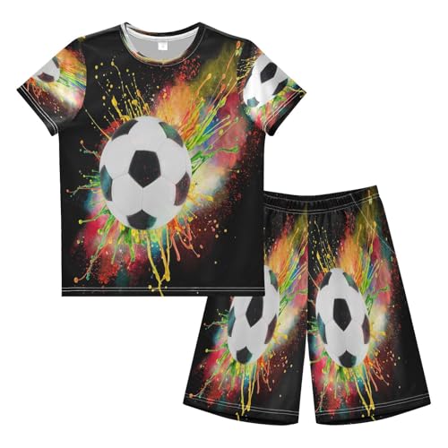 Ksajwzf Kinder Jungen Schlafanzug Set Sport Ball Fußball Fußball Shorty Pyjamaset Nachtwäsche Sommer Kurzarm Kurzarm Pyjamas Sets Outfit Aquarell Ball von Ksajwzf
