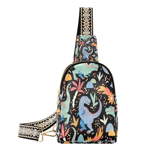 Ksajwzf Kleine Schultertasche mit tropischen Tyrannosaurer-Blumen, Dinosaurier-Bauchtasche, Crossbody-Tasche, Geschenke für Frauen, modische Hüfttasche, Geldbörse für Damen, Dinosaurier, multi von Ksajwzf