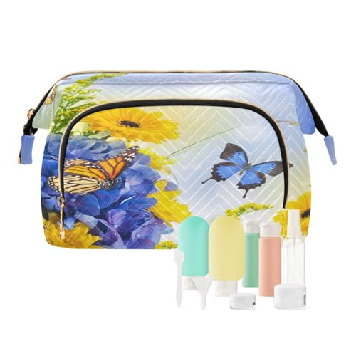 Reise-Kulturbeutel, Kosmetiktasche, blaue Hortensien, Schmetterling, für Damen, Herren, Mädchen, Frühlingsblume, wasserdicht, Make-up-Kosmetik-Organizer, Tasche für Reiseutensilien, multi, von Ksajwzf