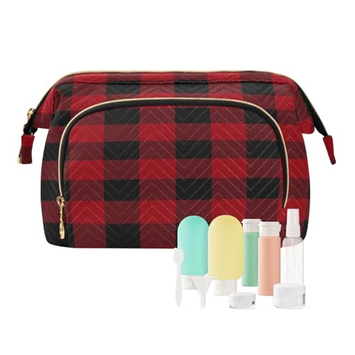 Reise-Kulturbeutel, Make-up-Tasche, Büffelrot, kariert, für Damen, Herren, Mädchen, kariert, wasserdicht, Make-up-Kosmetik-Organizer, Tasche für Reiseutensilien, multi, Kosmetikkoffer von Ksajwzf