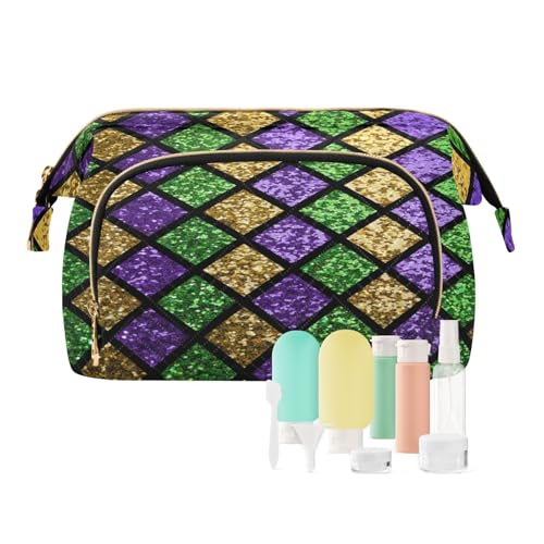 Reise-Kulturbeutel, glänzend, grün, für Damen, Herren, Mädchen, geometrisch, wasserdicht, Make-up-Kosmetik-Organizer, Tasche für Reiseutensilien, multi, Kosmetikkoffer von Ksajwzf