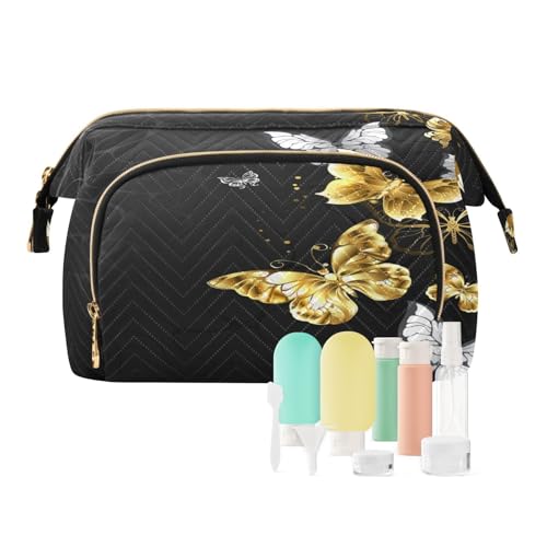 Reise Kulturbeutel Kosmetik Make-up Tasche Schwarz Goldene Schmetterling für Frauen Männer Mädchen, Tier Vintage Wasserdichte Make-up Kosmetik Waschen Organizer Tasche für Reise Essentials, von Ksajwzf