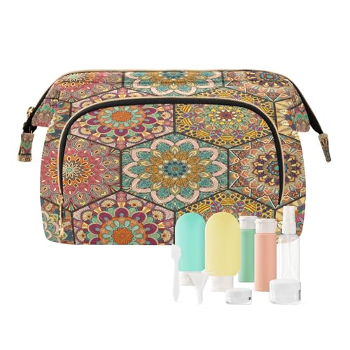 Reise Kulturbeutel Kosmetiktasche Abstrakte Blumenmandala für Frauen Männer Mädchen Ethnische Boho Wasserdicht Make-up Kosmetik Waschorganizer Reiseutensilientasche Mehrfarbig Beauty, blau/lila, von Ksajwzf