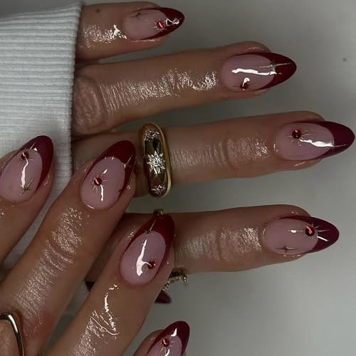 Künstliche Nägel zum Aufdrücken, kurze Mandeln, Weinrötungen, in 12 Größen, glänzend, Acryl, zum Aufkleben, für Damen, transparent, 24 Stück von Ksikdeg