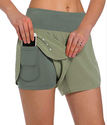 Ksmien Damen 2-in-1 Lauf-Shorts – leichte Sport-Shorts für Workout, Fitnessstudio, Yoga, mit Handy-Taschen - Grün - Mittel von Ksmien