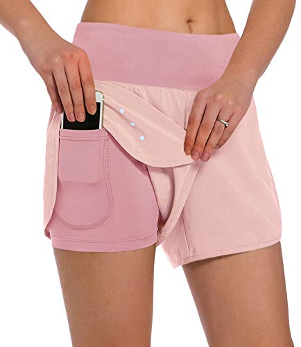 Ksmien Damen 2-in-1 Lauf-Shorts – leichte Sport-Shorts für Workout, Fitnessstudio, Yoga, mit Handy-Taschen - Pink - X-Klein von Ksmien