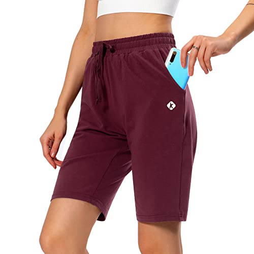 Ksmien Damen Bermuda Sweat Shorts 10 Zoll Baumwolle Lange Shorts Lounge Yoga Athletic Sweatpants Shorts mit Taschen, burgunderfarben, X-Groß von Ksmien