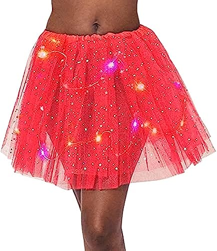 Damen Tüllrock Tütü Rock Minirock Mit LED Lichter Sterne Pailletten Tanzkleid Dehnbaren Tutu Rock Ballettrock Tüllrock für Party (Rot) von Ksnnrsng