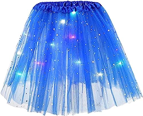 Damen Tüllrock Tütü Rock Minirock Mit LED Lichter Sterne Pailletten Tanzkleid Dehnbaren Tutu Rock Ballettrock Tüllrock für Party (Royal Blau) von Ksnnrsng