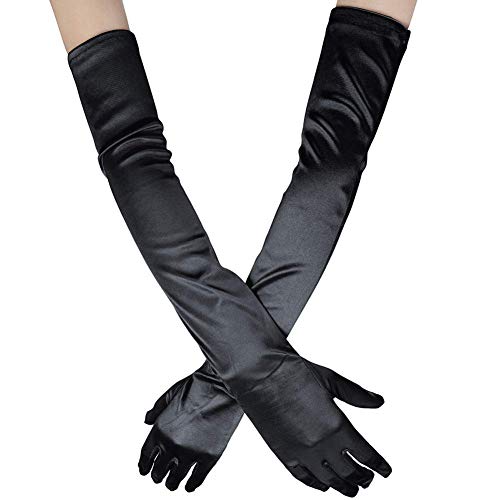 Ksnnrsng Damen Lange Handschuhe Satin Classic Opera Fest Party Hochzeit Braut Handschuhe 1920er Stil Handschuhe Elastisch Erwachsene Größe bis Handgelenk Länge (52 cm-schwarz) von Ksnnrsng