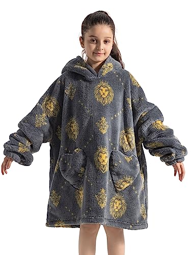 Ksnnrsng Kinder Tragbare Decken Übergroße Hoodie Sweatshirt Decken für Jungen Mädchen Teenager, Pullover Kapuzenpullover Oversized Tragbare Decke Weich Bequeme warmes (Grauer Löwe, 7-13 Jahre) von Ksnnrsng