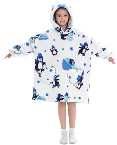 Ksnnrsng Kinder Tragbare Decken Übergroße Hoodie Sweatshirt Decken für Jungen Mädchen Teenager, Pullover Kapuzenpullover Oversized Tragbare Decke Weich Bequeme warmes (Pinguin, 7-13 Jahre) von Ksnnrsng