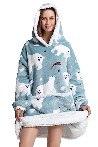 Ksnnrsng Übergroße Hoodie Decke Sweatshirt, Oversized Pullover Kapuzenpullover für Damen Herren Mädchen Teenager Tragbare Decken Super Weich Warme Bequeme (Eisbär-Erwachsene) von Ksnnrsng