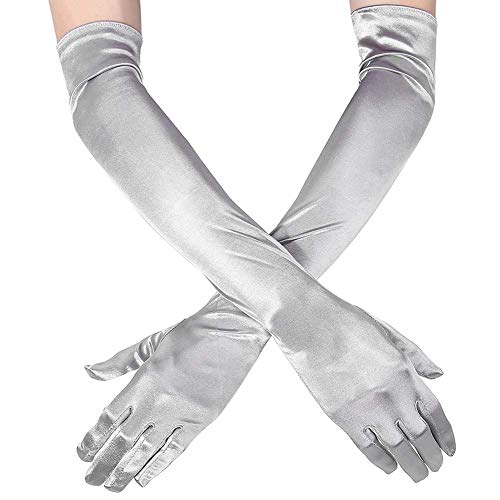 Ksnnrsng Damen Lange Handschuhe Satin Classic Opera Fest Party Hochzeit Braut Handschuhe 1920er Stil Handschuhe Elastisch Erwachsene Größe bis Handgelenk Länge (52 cm-Silber) von Ksnnrsng