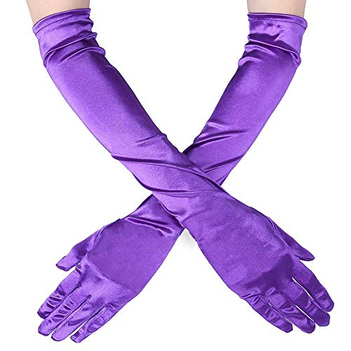 Ksnnrsng Damen Lange Handschuhe Satin Classic Opera Fest Party Hochzeit Braut Handschuhe 1920er Stil Handschuhe Elastisch Erwachsene Größe bis Handgelenk Länge (52 cm-lila) von Ksnnrsng