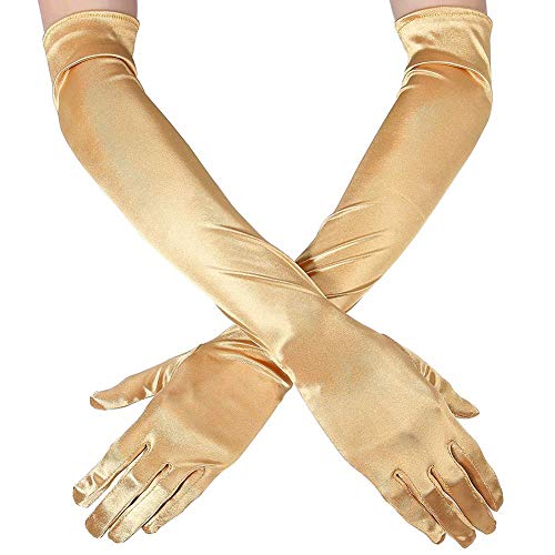 Ksnnrsng Damen Lange Handschuhe Satin Classic Opera Fest Party Hochzeit Braut Handschuhe 1920er Stil Handschuhe Elastisch Erwachsene Größe bis Handgelenk Länge (52 cm-Gold) von Ksnnrsng